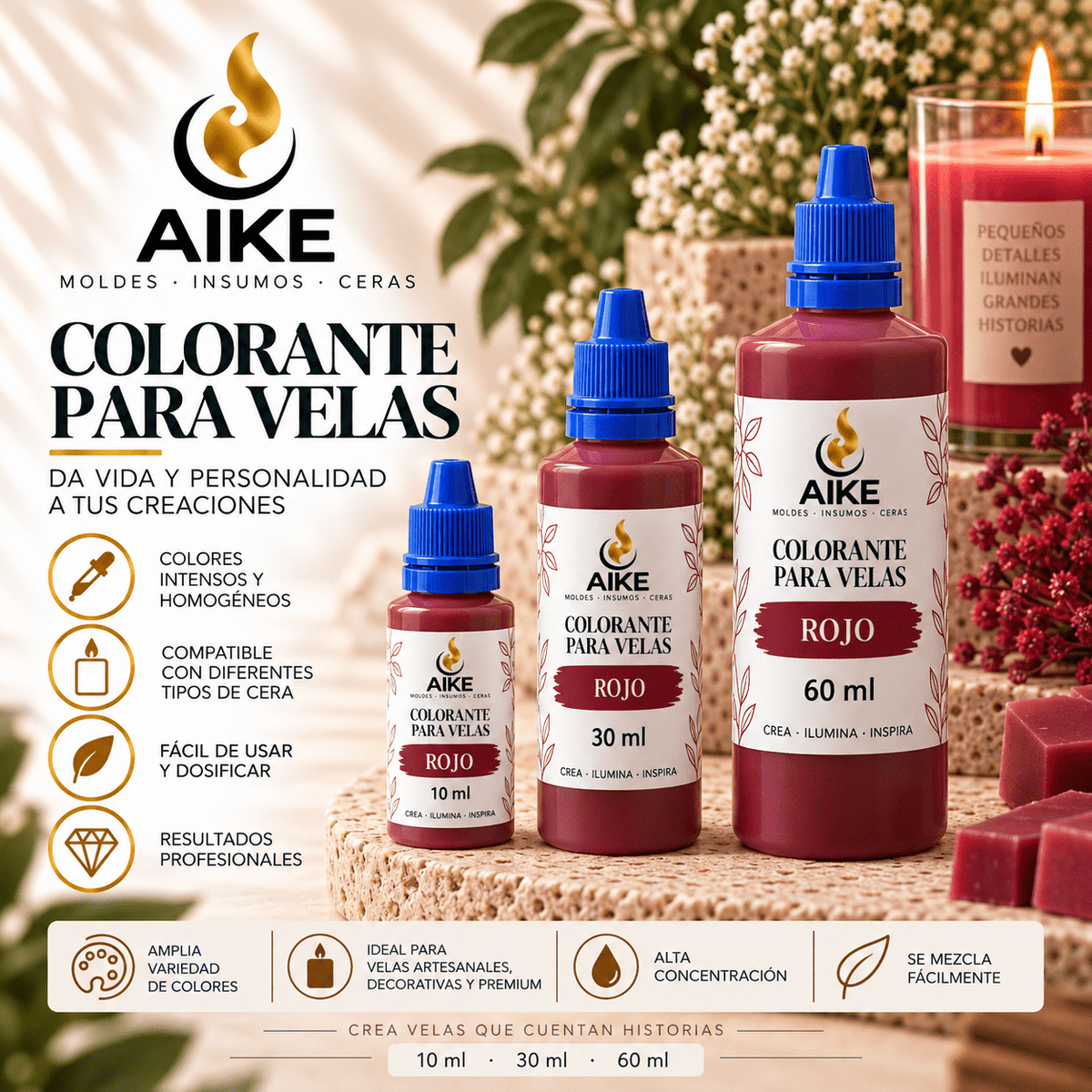 Colorante Líquido para Velas | 12 Colores y 3 Presentaciones - Aike Store
