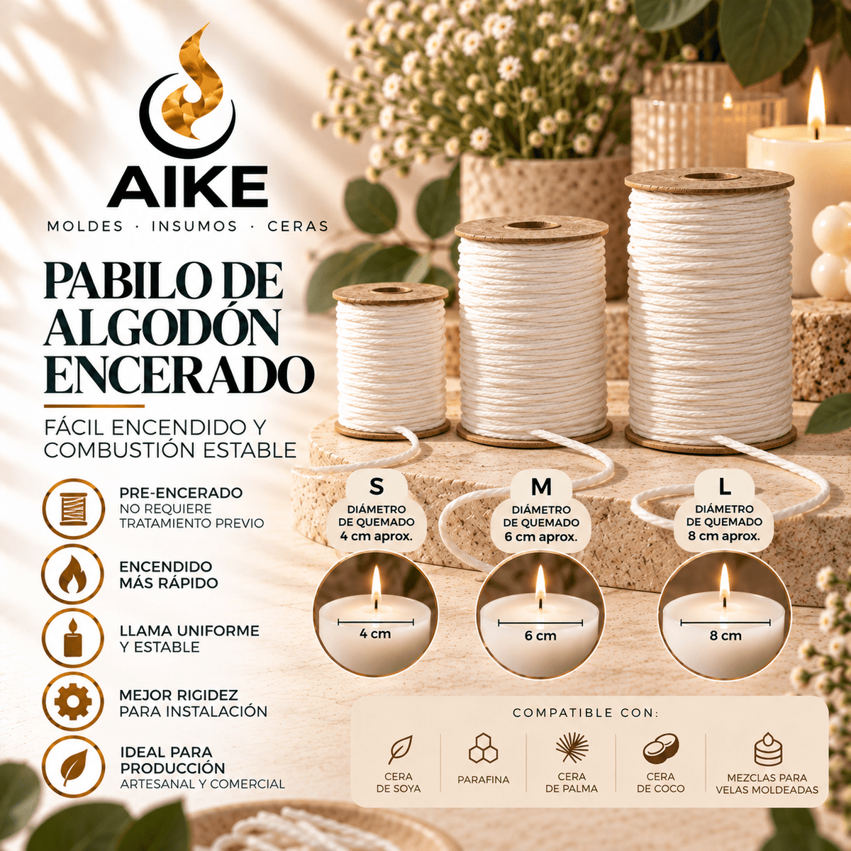 Pabilo de Algodón Encerado para Velas | S, M y L - Aike Store