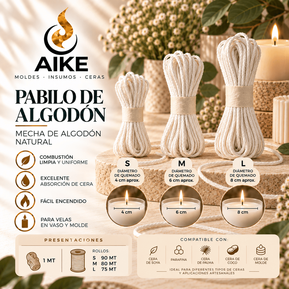 Pabilo de Algodón para Velas | Mecha S, M y L - Aike Store