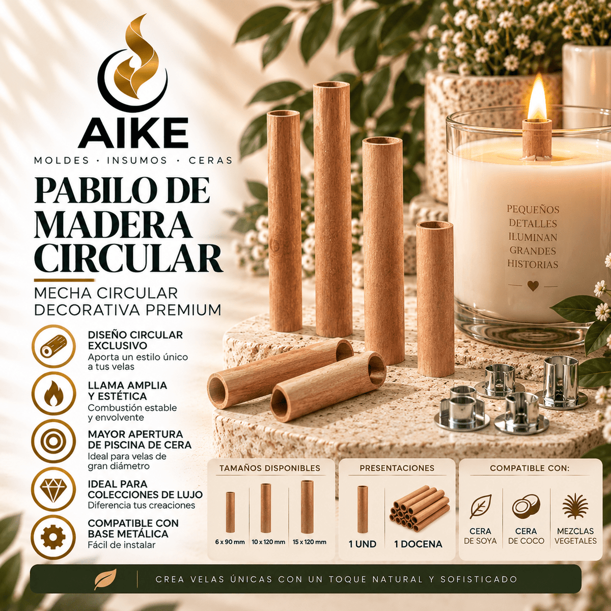 Pabilo de Madera Circular O para Velas | Mecha de Madera - Aike Store