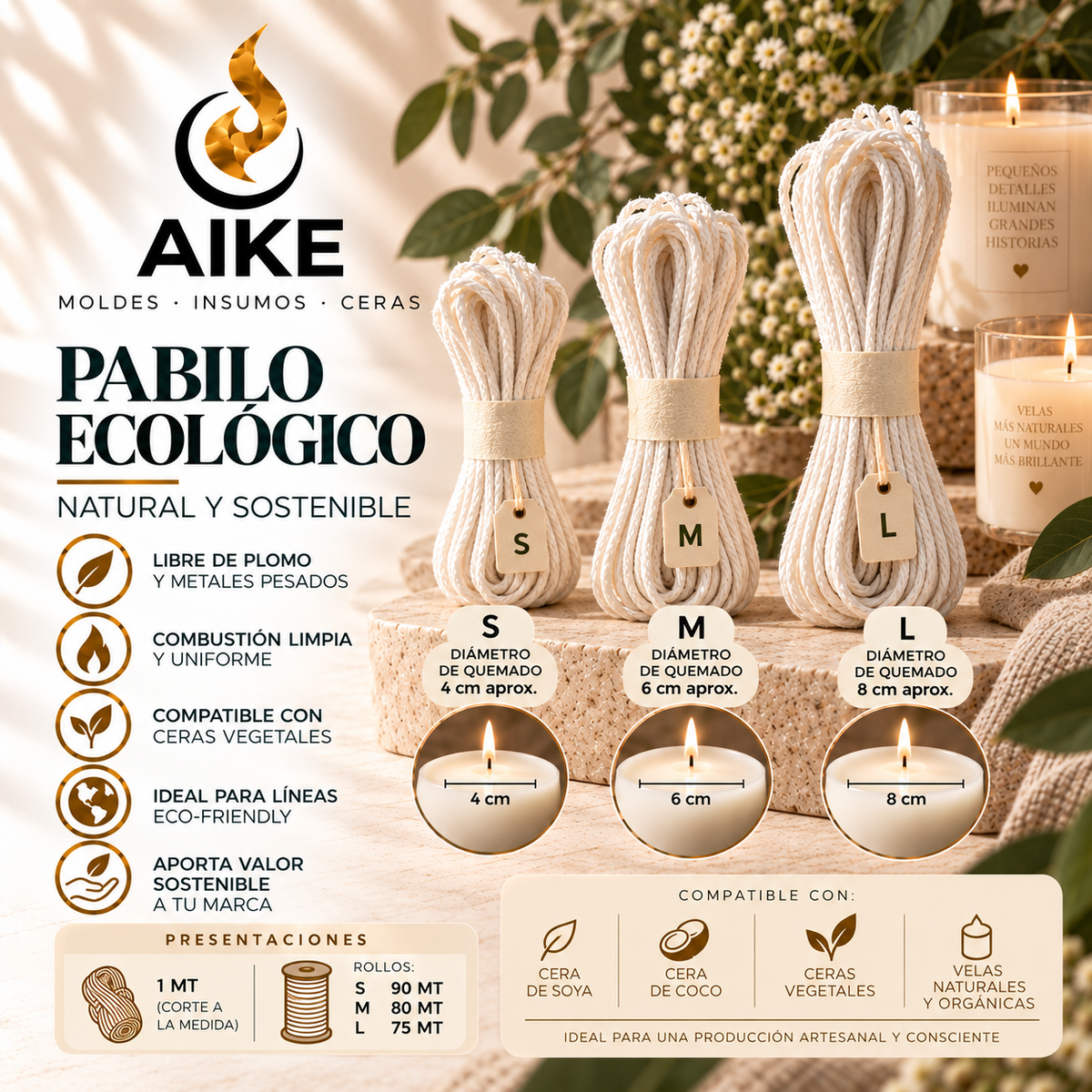 Pabilo Ecológico para Velas | Natural, Sostenible S, M y L